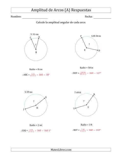 La hoja de ejercicios de Calcular la Amplitud de un Arco a partir del Radio (Todas) Página 2