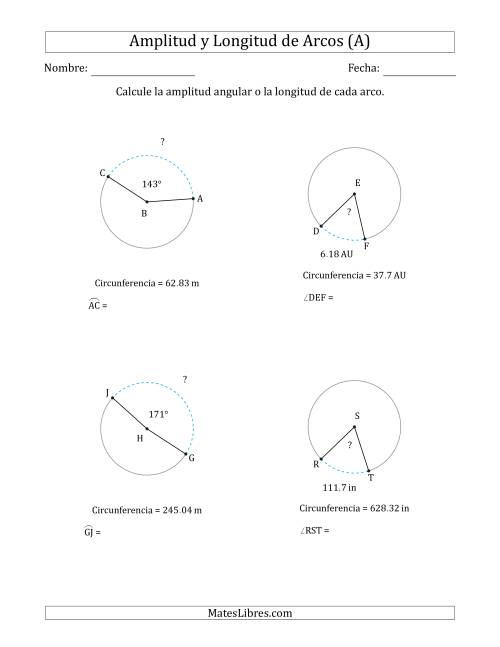La hoja de ejercicios de Calcular la Amplitud o la Longitud de un Arco a partir de la Circunferencia (A)