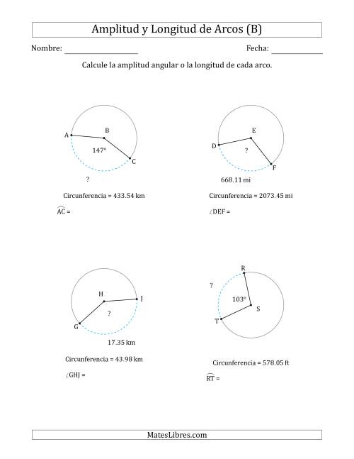 La hoja de ejercicios de Calcular la Amplitud o la Longitud de un Arco a partir de la Circunferencia (B)