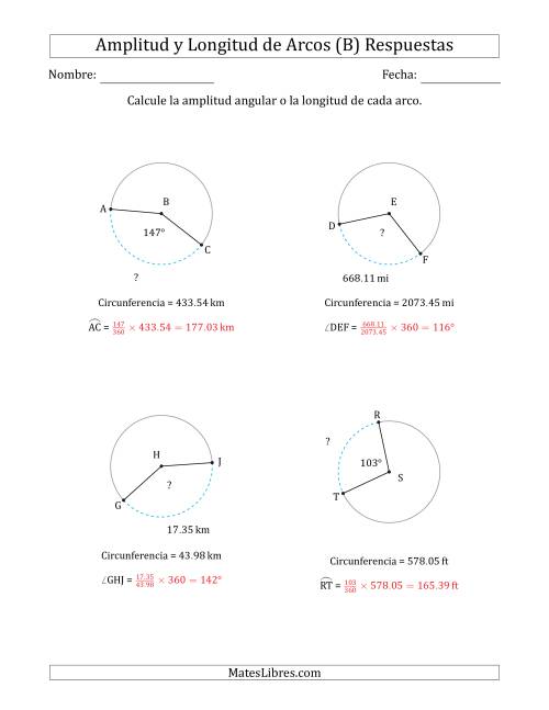 La hoja de ejercicios de Calcular la Amplitud o la Longitud de un Arco a partir de la Circunferencia (B) Página 2