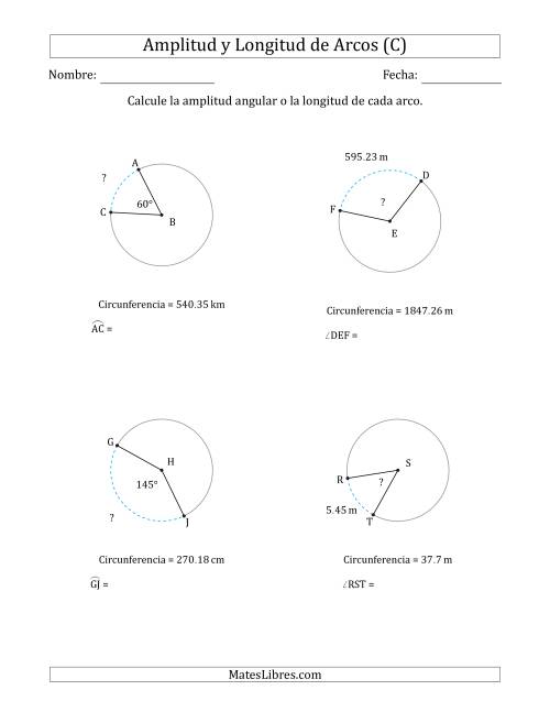 La hoja de ejercicios de Calcular la Amplitud o la Longitud de un Arco a partir de la Circunferencia (C)