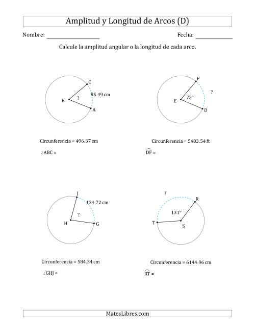 La hoja de ejercicios de Calcular la Amplitud o la Longitud de un Arco a partir de la Circunferencia (D)