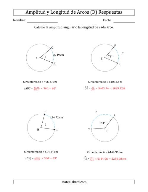 La hoja de ejercicios de Calcular la Amplitud o la Longitud de un Arco a partir de la Circunferencia (D) Página 2