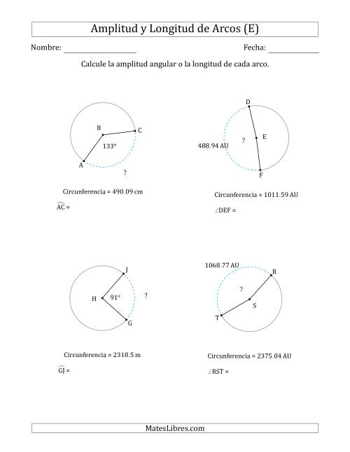 La hoja de ejercicios de Calcular la Amplitud o la Longitud de un Arco a partir de la Circunferencia (E)