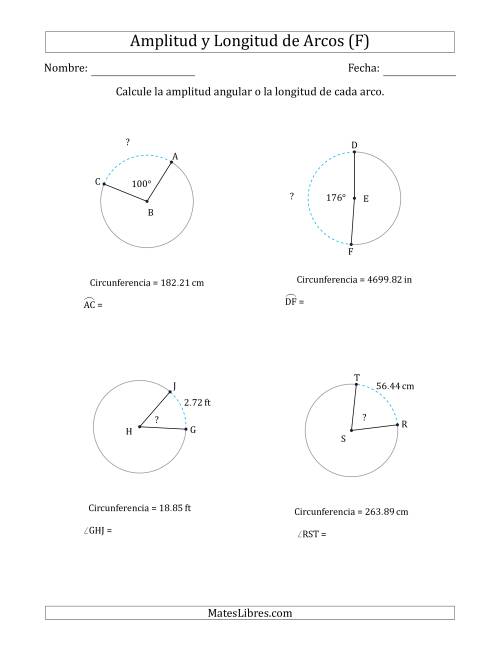 La hoja de ejercicios de Calcular la Amplitud o la Longitud de un Arco a partir de la Circunferencia (F)