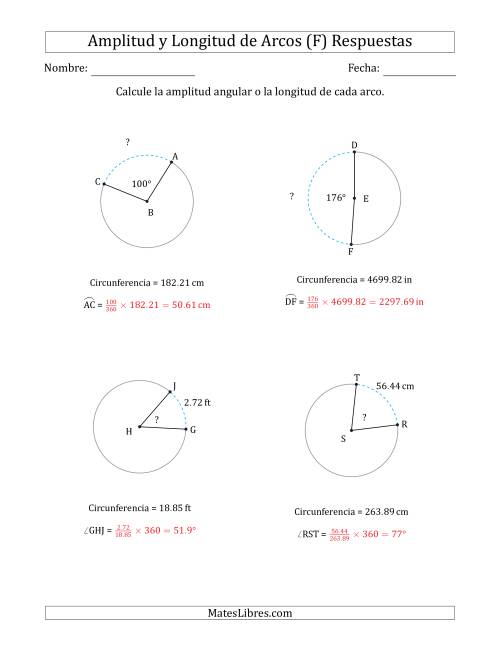 La hoja de ejercicios de Calcular la Amplitud o la Longitud de un Arco a partir de la Circunferencia (F) Página 2