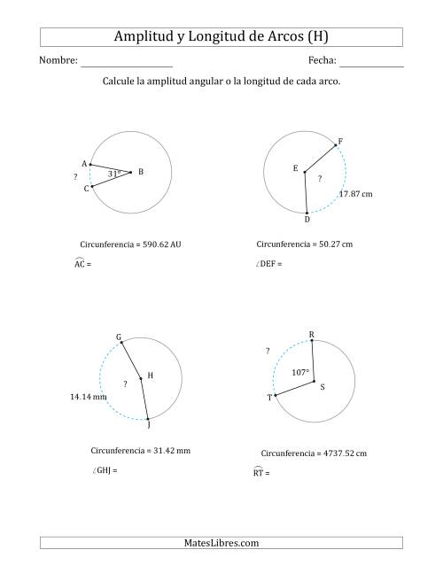 La hoja de ejercicios de Calcular la Amplitud o la Longitud de un Arco a partir de la Circunferencia (H)