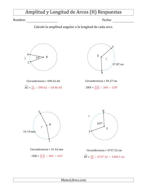 La hoja de ejercicios de Calcular la Amplitud o la Longitud de un Arco a partir de la Circunferencia (H) Página 2