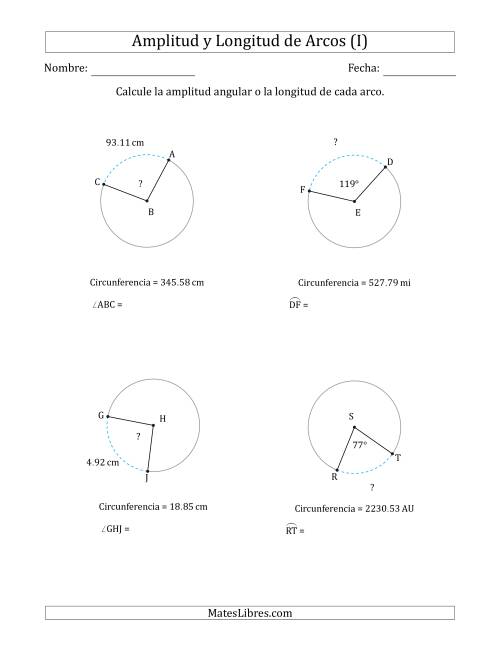 La hoja de ejercicios de Calcular la Amplitud o la Longitud de un Arco a partir de la Circunferencia (I)