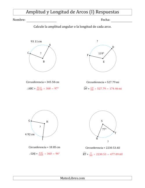 La hoja de ejercicios de Calcular la Amplitud o la Longitud de un Arco a partir de la Circunferencia (I) Página 2