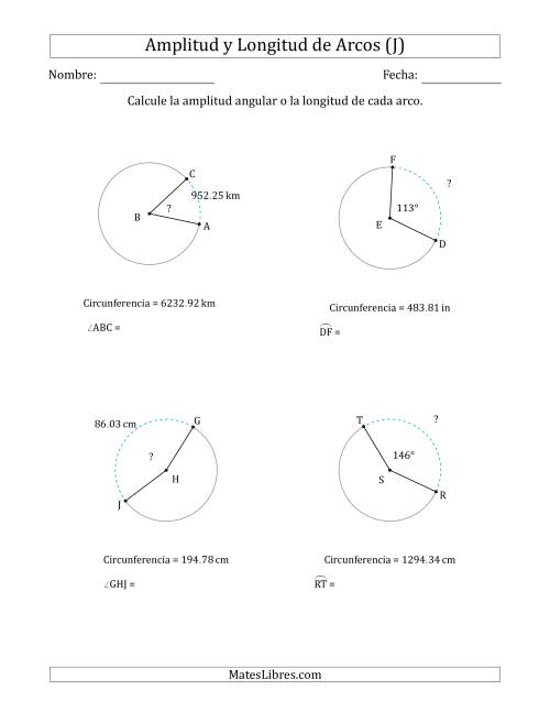 La hoja de ejercicios de Calcular la Amplitud o la Longitud de un Arco a partir de la Circunferencia (J)