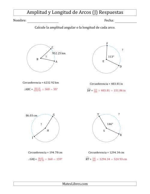 La hoja de ejercicios de Calcular la Amplitud o la Longitud de un Arco a partir de la Circunferencia (J) Página 2