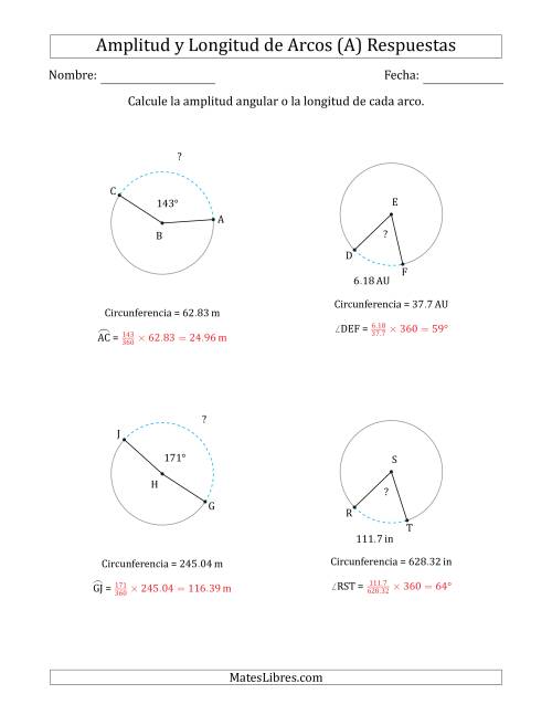 La hoja de ejercicios de Calcular la Amplitud o la Longitud de un Arco a partir de la Circunferencia (Todas) Página 2