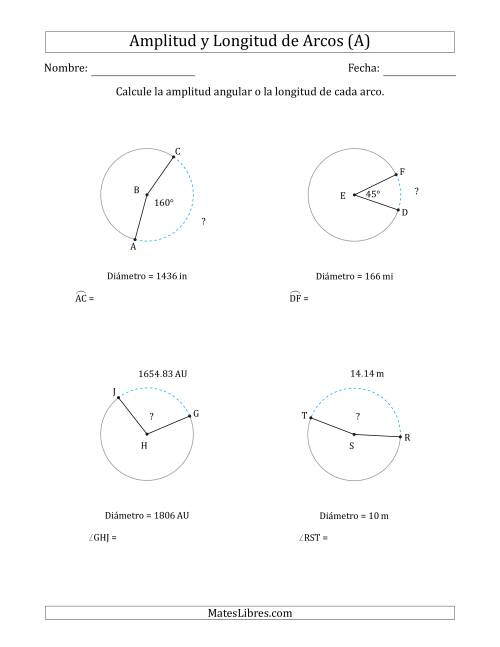 La hoja de ejercicios de Calcular la Amplitud o la Longitud de un Arco a partir del Diámetro (A)