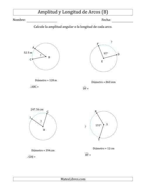 La hoja de ejercicios de Calcular la Amplitud o la Longitud de un Arco a partir del Diámetro (B)