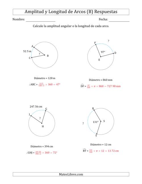 La hoja de ejercicios de Calcular la Amplitud o la Longitud de un Arco a partir del Diámetro (B) Página 2