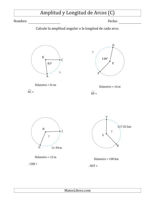 La hoja de ejercicios de Calcular la Amplitud o la Longitud de un Arco a partir del Diámetro (C)