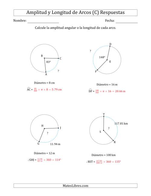La hoja de ejercicios de Calcular la Amplitud o la Longitud de un Arco a partir del Diámetro (C) Página 2