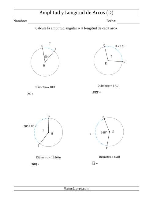 La hoja de ejercicios de Calcular la Amplitud o la Longitud de un Arco a partir del Diámetro (D)