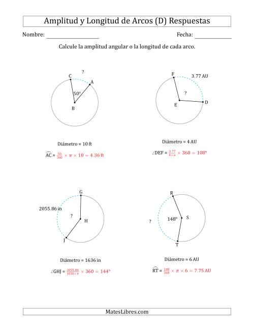 La hoja de ejercicios de Calcular la Amplitud o la Longitud de un Arco a partir del Diámetro (D) Página 2