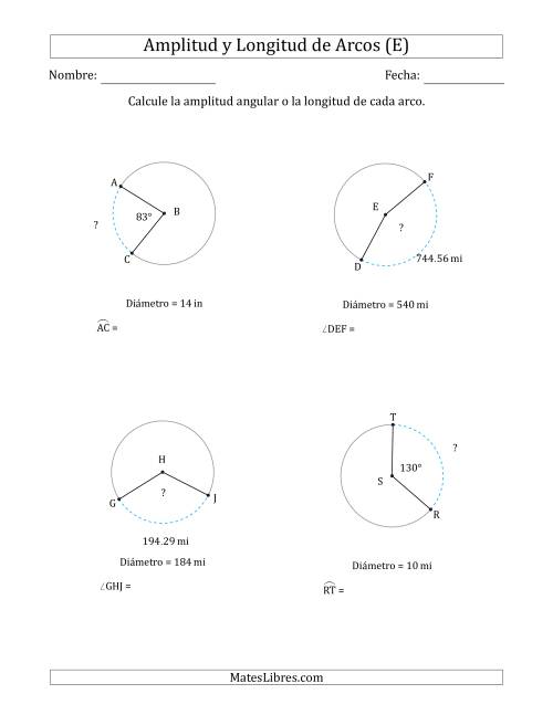 La hoja de ejercicios de Calcular la Amplitud o la Longitud de un Arco a partir del Diámetro (E)