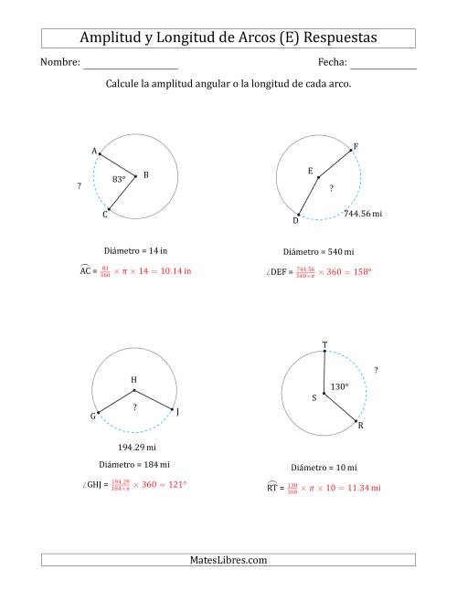 La hoja de ejercicios de Calcular la Amplitud o la Longitud de un Arco a partir del Diámetro (E) Página 2