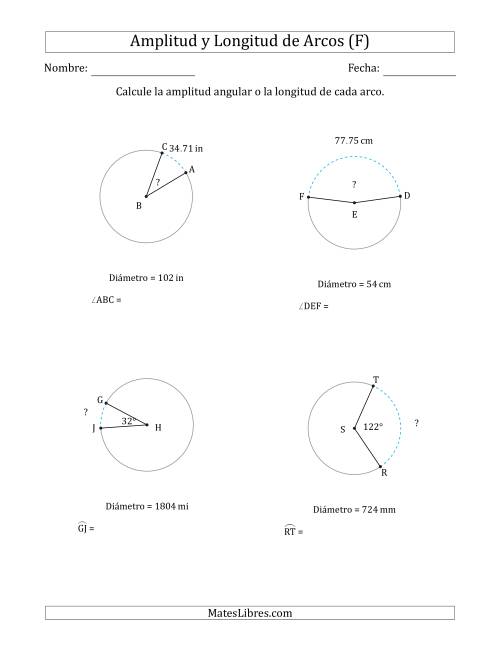 La hoja de ejercicios de Calcular la Amplitud o la Longitud de un Arco a partir del Diámetro (F)