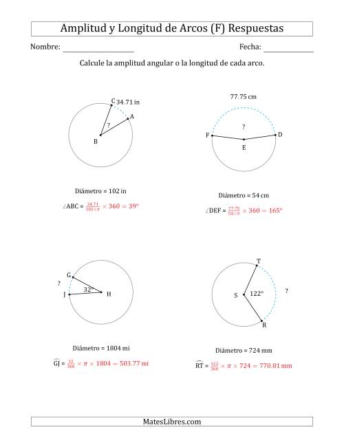 La hoja de ejercicios de Calcular la Amplitud o la Longitud de un Arco a partir del Diámetro (F) Página 2