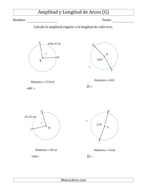 La hoja de ejercicios de Calcular la Amplitud o la Longitud de un Arco a partir del Diámetro (G)