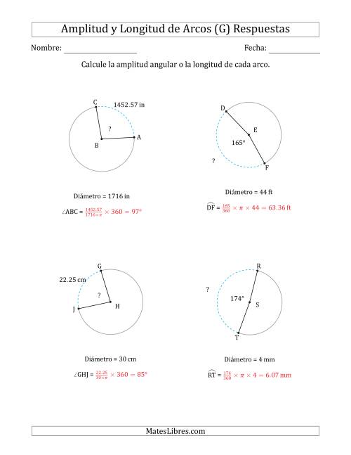 La hoja de ejercicios de Calcular la Amplitud o la Longitud de un Arco a partir del Diámetro (G) Página 2