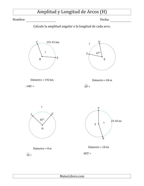 La hoja de ejercicios de Calcular la Amplitud o la Longitud de un Arco a partir del Diámetro (H)