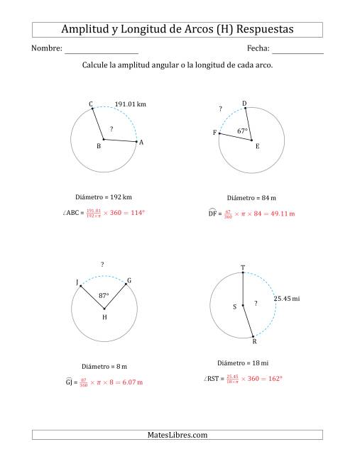 La hoja de ejercicios de Calcular la Amplitud o la Longitud de un Arco a partir del Diámetro (H) Página 2