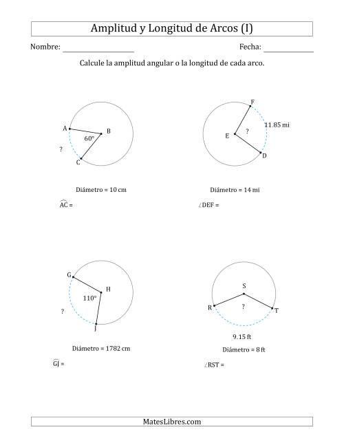 La hoja de ejercicios de Calcular la Amplitud o la Longitud de un Arco a partir del Diámetro (I)