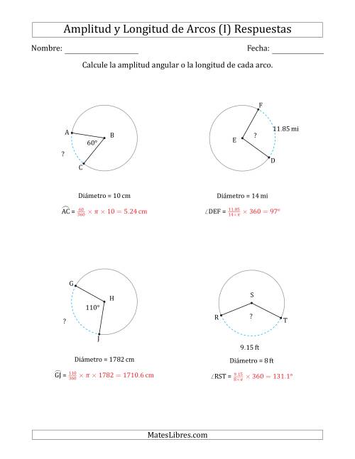La hoja de ejercicios de Calcular la Amplitud o la Longitud de un Arco a partir del Diámetro (I) Página 2