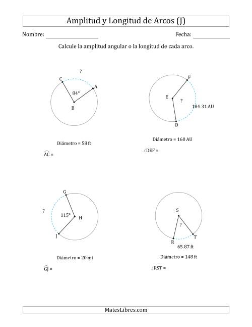 La hoja de ejercicios de Calcular la Amplitud o la Longitud de un Arco a partir del Diámetro (J)