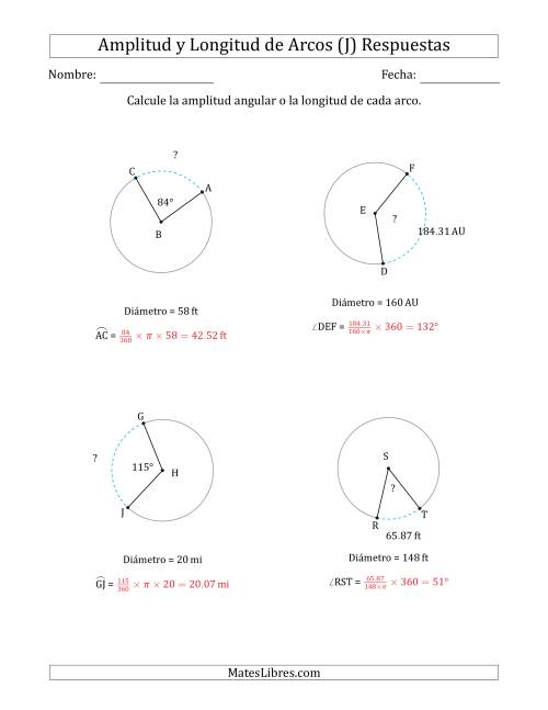 La hoja de ejercicios de Calcular la Amplitud o la Longitud de un Arco a partir del Diámetro (J) Página 2