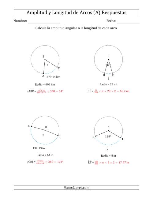 La hoja de ejercicios de Calcular la Amplitud o la Longitud de un Arco a partir del Radio (A) Página 2