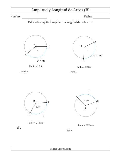 La hoja de ejercicios de Calcular la Amplitud o la Longitud de un Arco a partir del Radio (B)