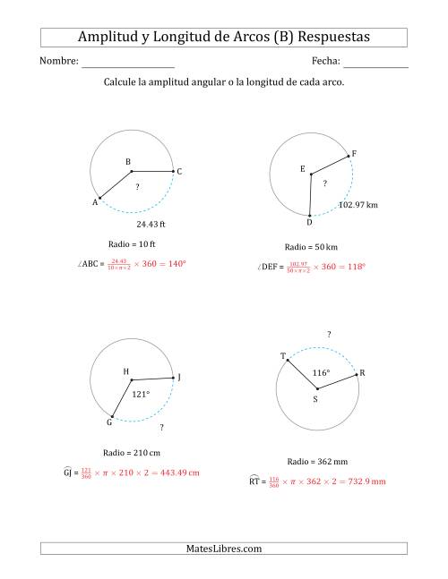 La hoja de ejercicios de Calcular la Amplitud o la Longitud de un Arco a partir del Radio (B) Página 2