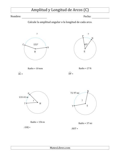La hoja de ejercicios de Calcular la Amplitud o la Longitud de un Arco a partir del Radio (C)