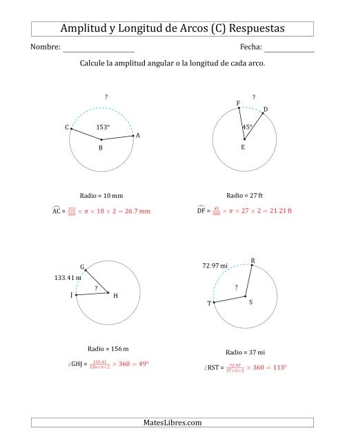 La hoja de ejercicios de Calcular la Amplitud o la Longitud de un Arco a partir del Radio (C) Página 2
