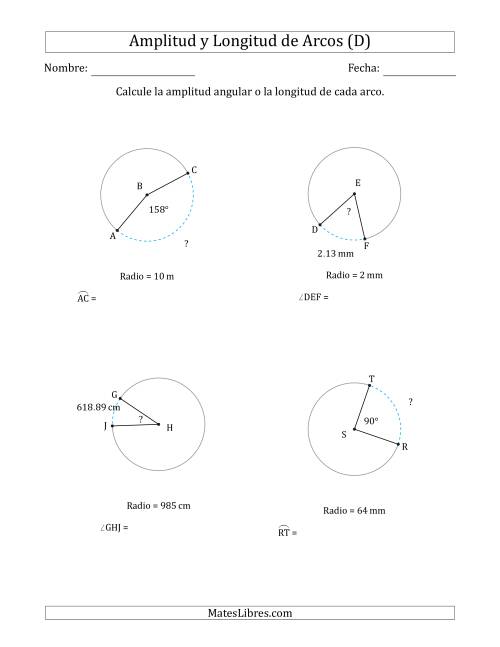 La hoja de ejercicios de Calcular la Amplitud o la Longitud de un Arco a partir del Radio (D)
