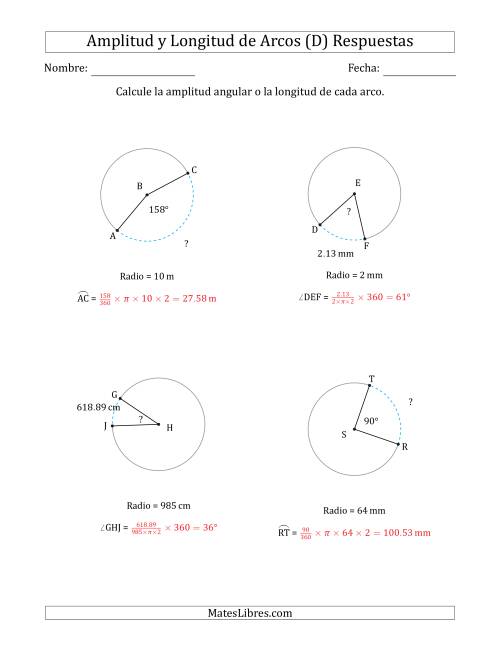 La hoja de ejercicios de Calcular la Amplitud o la Longitud de un Arco a partir del Radio (D) Página 2