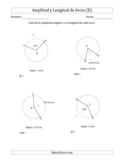 La hoja de ejercicios de Calcular la Amplitud o la Longitud de un Arco a partir del Radio (E)