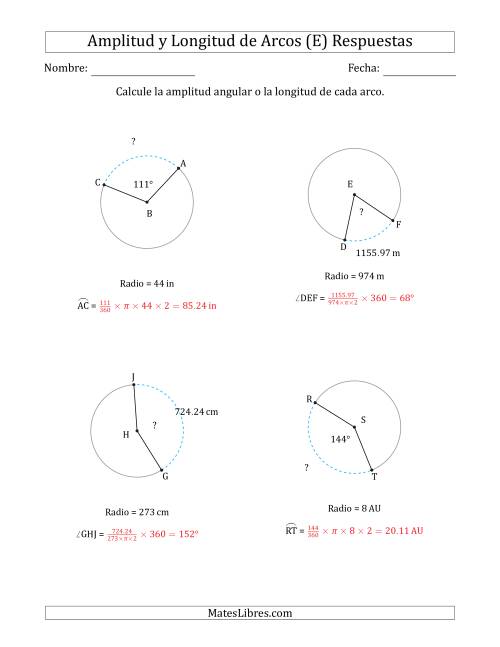La hoja de ejercicios de Calcular la Amplitud o la Longitud de un Arco a partir del Radio (E) Página 2