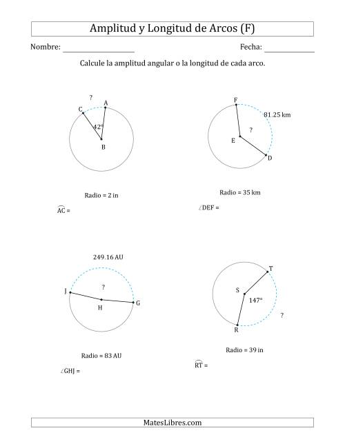 La hoja de ejercicios de Calcular la Amplitud o la Longitud de un Arco a partir del Radio (F)