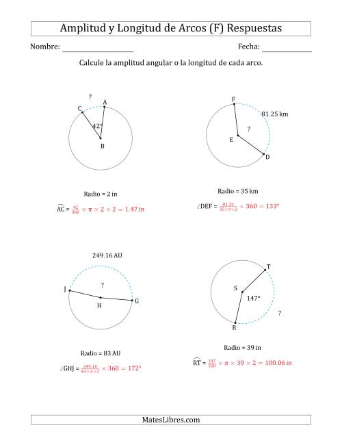 La hoja de ejercicios de Calcular la Amplitud o la Longitud de un Arco a partir del Radio (F) Página 2