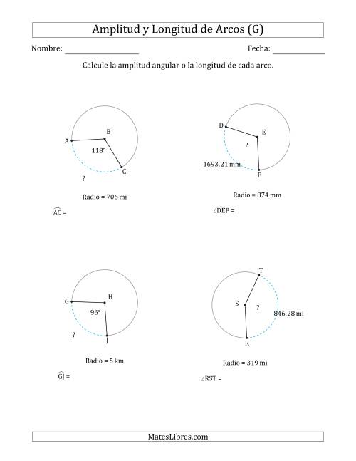 La hoja de ejercicios de Calcular la Amplitud o la Longitud de un Arco a partir del Radio (G)