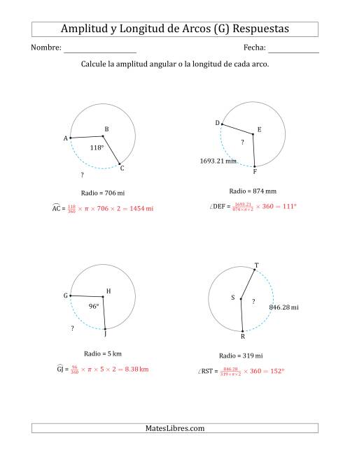 La hoja de ejercicios de Calcular la Amplitud o la Longitud de un Arco a partir del Radio (G) Página 2