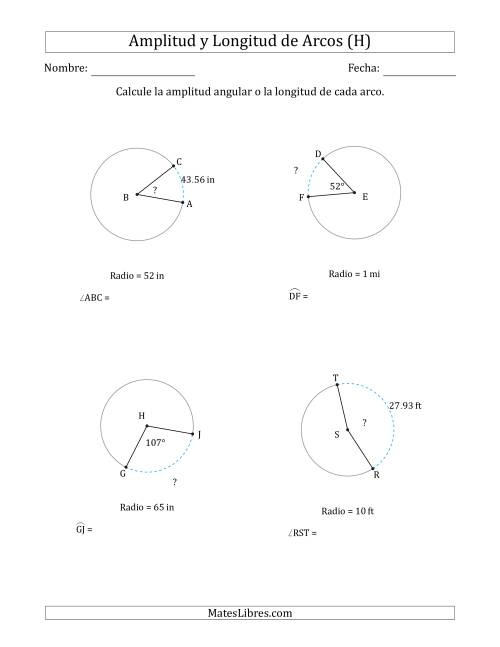 La hoja de ejercicios de Calcular la Amplitud o la Longitud de un Arco a partir del Radio (H)